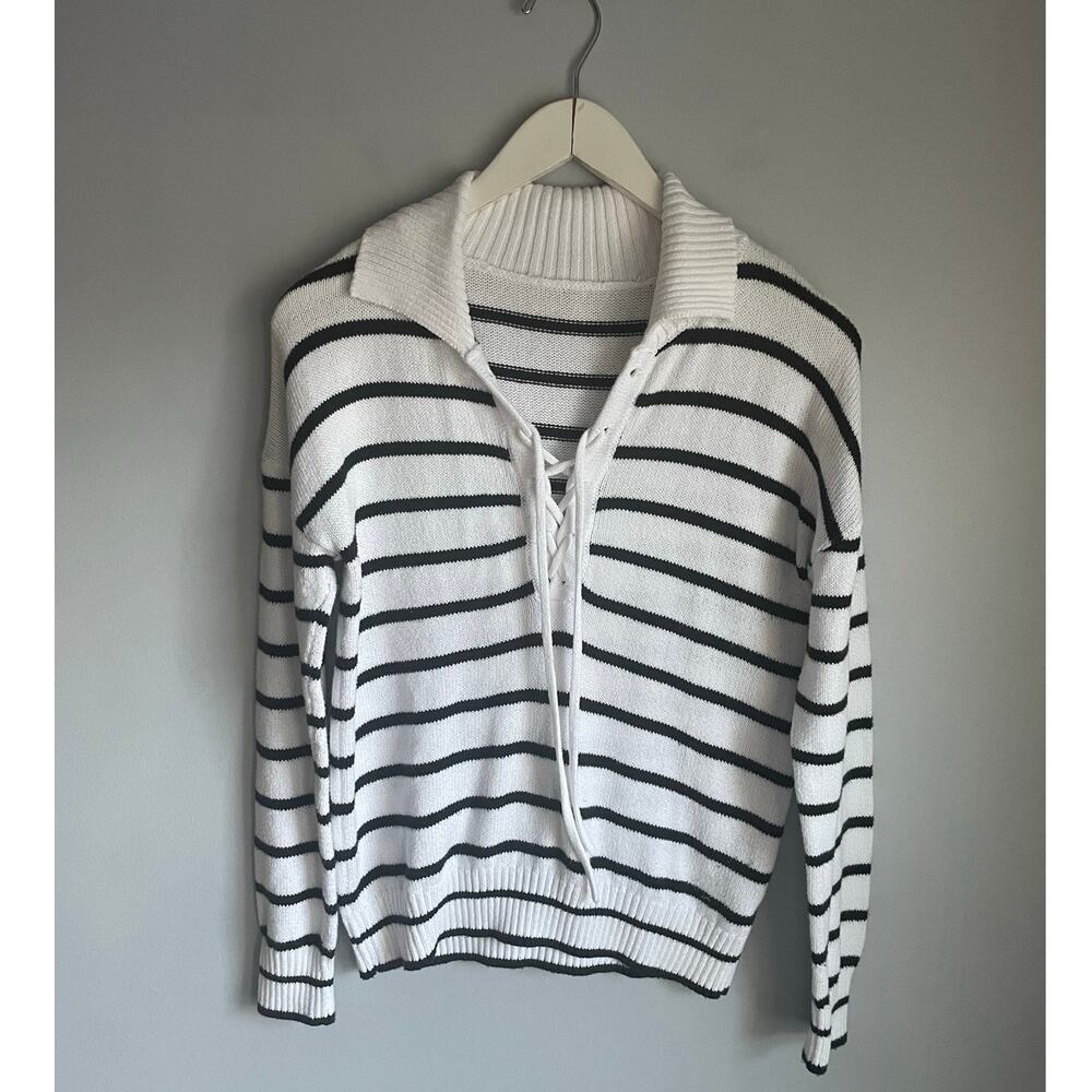 Striped Knit Sweater Pullover Lace-up Nautical Beach Campcore 100% Cotton M